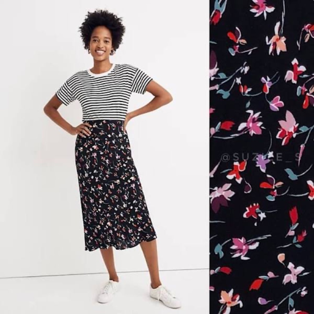 Madewell Drifting Flowers Black Floral Print Midi Slip Skirt